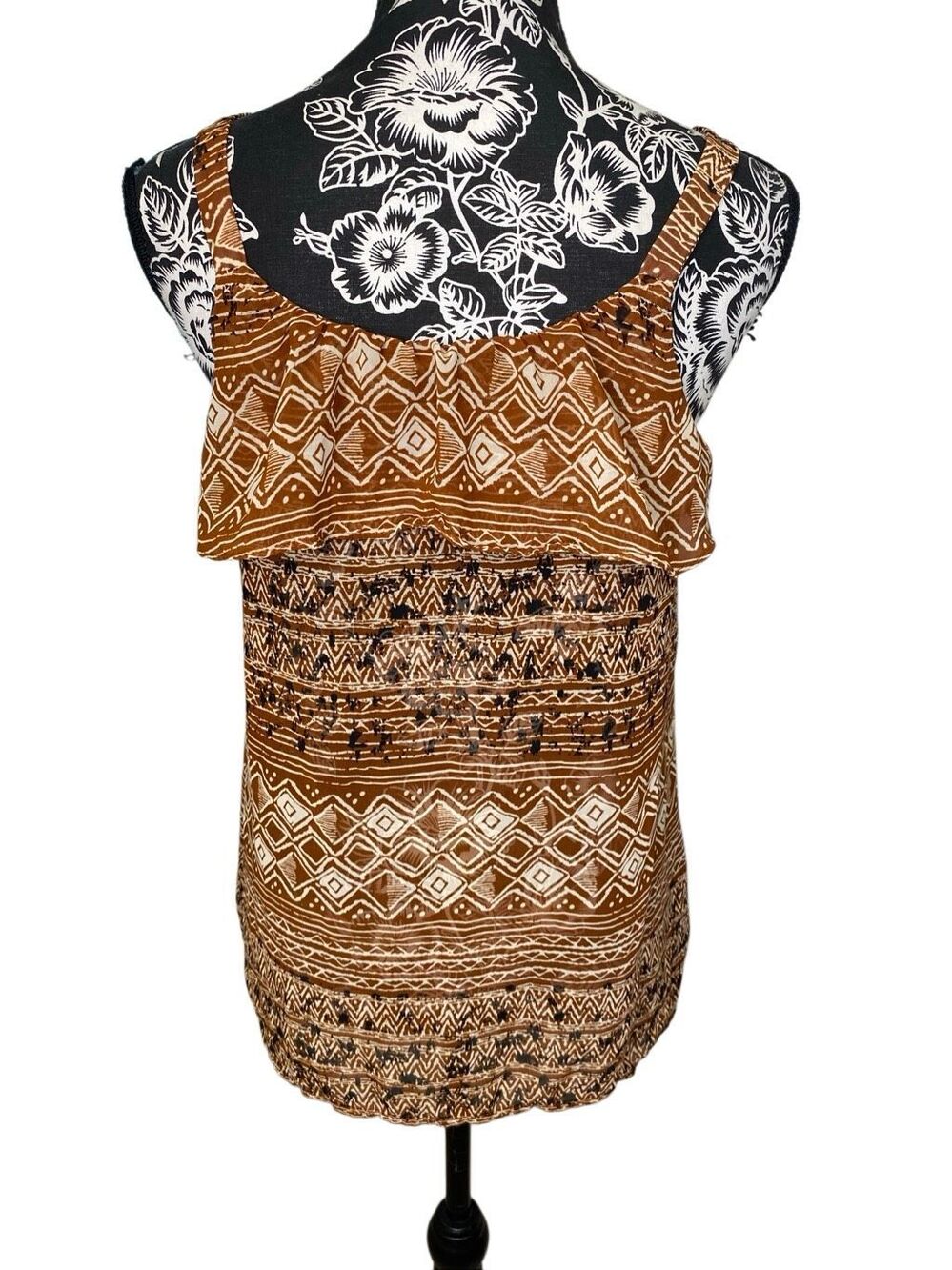 Geometric Tribal Print Boho Ruffle Tank Top Brown Festival Babydoll Flowy Cami